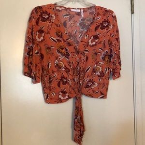 Short sleeve faux tie slightly cropped floral blouse deep vneck orange burgundy